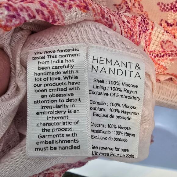 Hemant & Nandita Suki Mini Dress Floral Embroidered Smock Waist White Pink L NWT - Picture 7 of 15